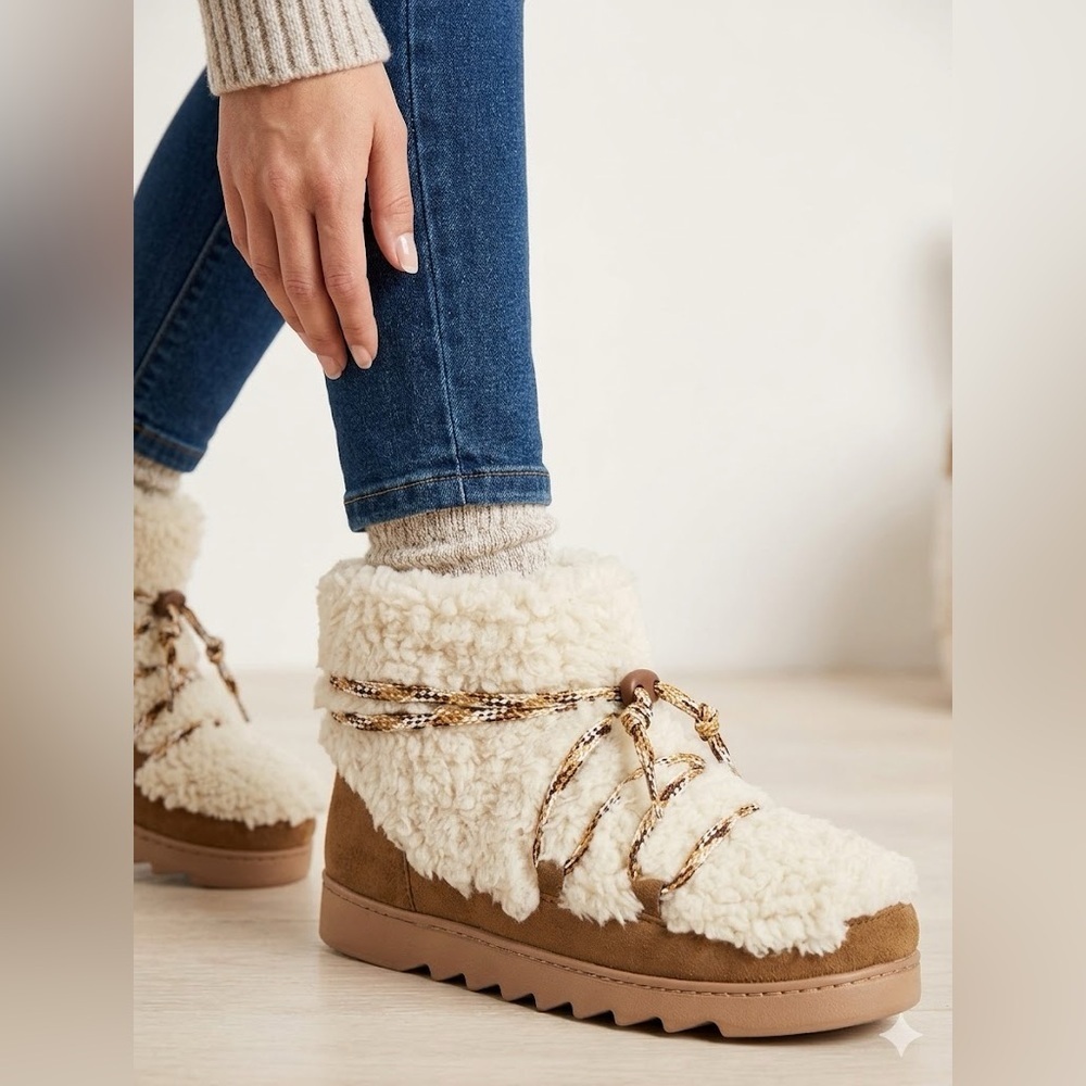 dearfoams Cream Sherpa Lace-Up Booties with Brown Suede Trim